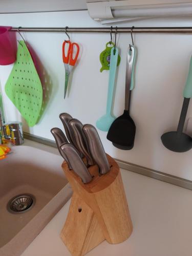 a knife block on a kitchen sink with utensils at Casa Angela Gravedona Consiglio di Rumo in Consiglio di Rumo