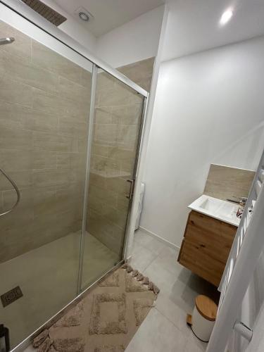 une salle de bain avec douche et lavabo dans l'établissement Le provencal, à La Roque-dʼAnthéron