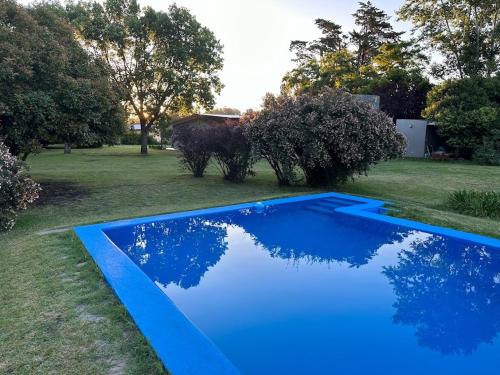 a blue swimming pool in a yard with trees at Las Marias in Tandil