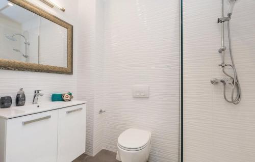 a white bathroom with a toilet and a shower at Villa Zora with hot tub, Mošćenička Draga - Obrš in Kraj