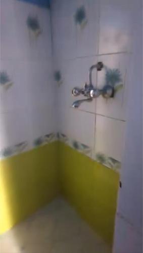 a bathroom with a green sink and a faucet at Sunshine Guest House & Restaurant in Dhunche