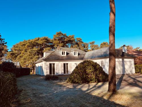 una casa blanca con un árbol delante en Vakantievilla 't Boshuys, en Lommel