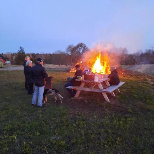 a group of people sitting around a picnic table with a fire at Norrby 1 in Norrby