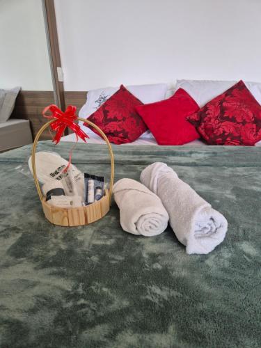 莫日-达斯克鲁济斯Loft, seu espaço com conforto的睡床旁边的地板上的毛巾篮