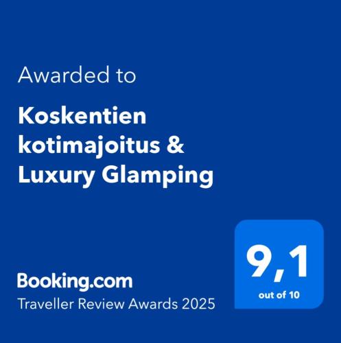 a blue sign with the words awarded to koshen kotliniculture at Koskentien kotimajoitus & Luxury Glamping in Jämsä