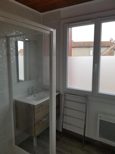 a bathroom with a sink and a mirror at Grand Gîte grande capacité dans l'Allier in Loddes
