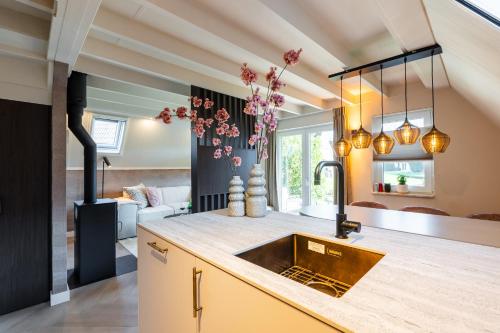 a kitchen with a sink and a living room at Casa Vida Verde - Luxe vakantiewoning aan het water! in Gramsbergen