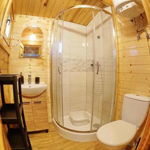 a bathroom with a shower and a toilet and a sink at Domki Letniskowe ,,Tęcza" in Rusinowo