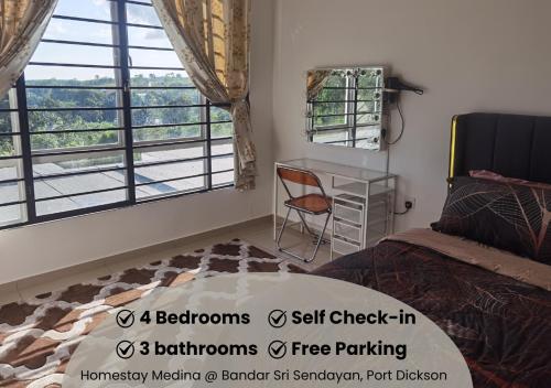 a bedroom with a bed and a desk and a window at Homestay Medina Sendayan in Kampong Baharu Jimah