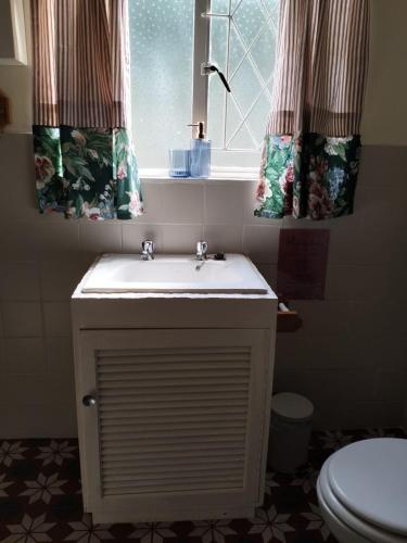a bathroom with a sink and two windows at Primula Cottage at Hillhouse in Hilton