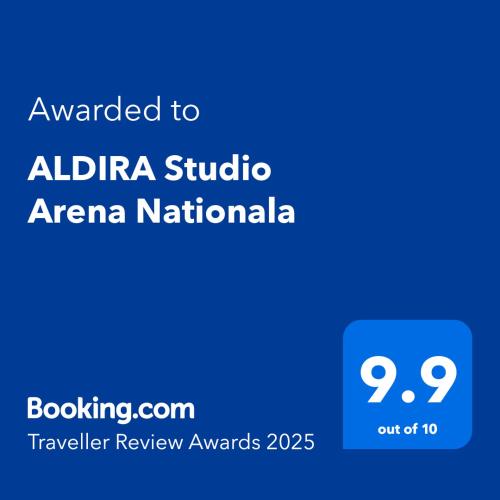 a blue sign with the text awarded to alpha studio africa nationalaila at ALDIRA Studio Arena Nationala in Bucharest