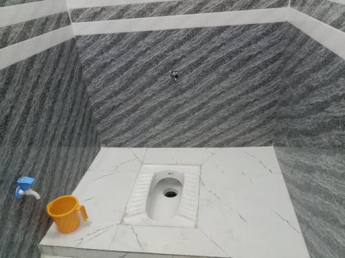 a bathroom stall with a toilet in the floor at Shri Krishna Residency in Mathura