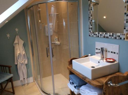 ein Badezimmer mit Waschbecken und Dusche in der Unterkunft Muckish View F92P6N3 Gure Txokoa Falcarragh in Falcarragh