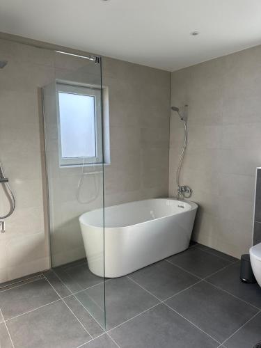 une salle de bain avec une baignoire et une fenêtre dans l'établissement Le coin de nature paisible, à Wentzwiller