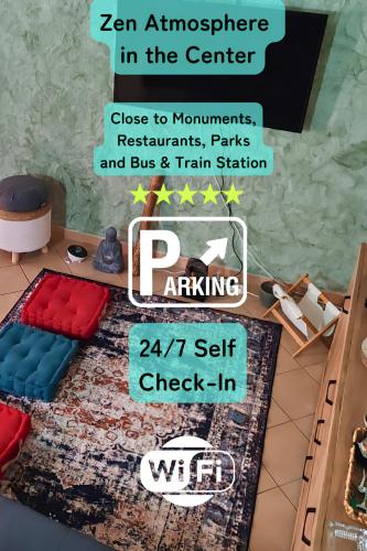 a flyer for a zen atmosphere in the center with a table and a rug at Secret Zen House in the Center W Free Parking and 24Hours Automatic Check-In - With Netflix & DisneyPlus in Casale Monferrato