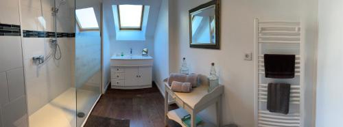 une salle de bain avec une douche, un lavabo et des toilettes dans l'établissement Mill House Gite, à Villaines-la-Juhel