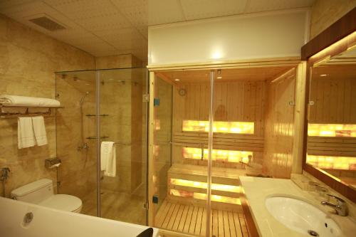 ein Bad mit einer Dusche, einem Waschbecken und einem WC in der Unterkunft Kim Hoa Hotel in Da Lat