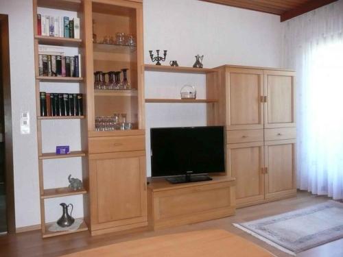 ein Wohnzimmer mit einem TV und Holzregalen in der Unterkunft Apartment Herbert Panter in Bad Peterstal-Griesbach