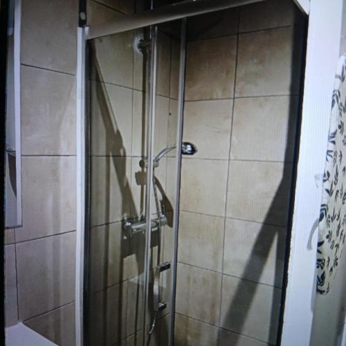 une douche avec une porte vitrée dans une salle de bain dans l'établissement Vintage, à Agde