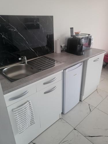 une cuisine avec un évier et un plan de travail dans l'établissement Solenzara T2 proximité plage, à Sari-Solenzara