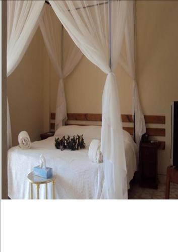 a bedroom with a white bed with a canopy at Lavender Garden Hotel in Tsavo