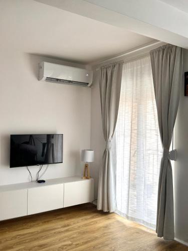 ein Wohnzimmer mit Fernseher und Fenster in der Unterkunft Apartment Simovic in Cetinje