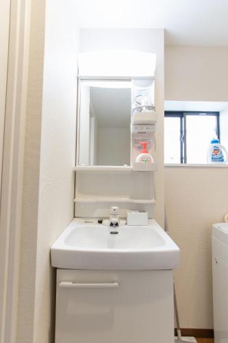 a bathroom with a white sink and a mirror at 所沢駅徒歩10分の閑静なワンルーム ベルーナドーム 東京 川越観光拠点に コンビニ徒歩3分 in Tokorozawa
