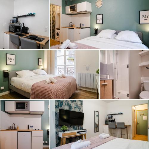 un collage de photos d'une chambre d'hôtel avec 2 lits dans l'établissement Le Chevremont, Centre Metz Cathédrale I WIFI I Confort & Cosy, à Metz