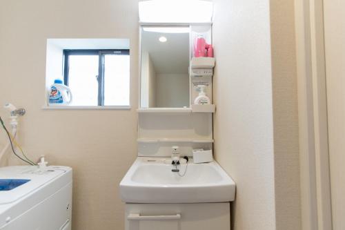a bathroom with a sink and a toilet and a mirror at 所沢駅徒歩10分の閑静なワンルーム ベルーナドーム 東京 川越観光拠点に コンビニ徒歩3分 in Tokorozawa