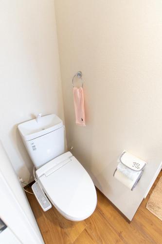 a bathroom with a toilet with a pink towel on the wall at 所沢駅徒歩10分の閑静なワンルーム ベルーナドーム 東京 川越観光拠点に コンビニ徒歩3分 in Tokorozawa