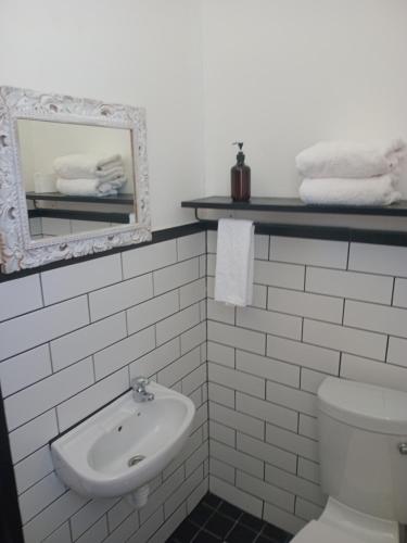 Cozy room in the Heart of Simon's Town في كيب تاون: حمام مع حوض ومرحاض ومرآة