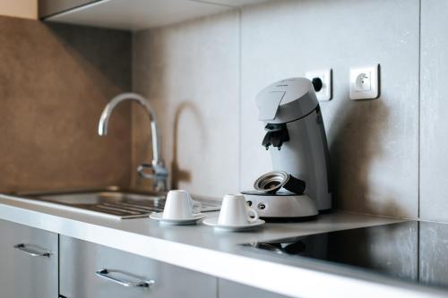 une cafetière posée sur un comptoir dans une cuisine dans l'établissement Panorama Dream Annecy, Appart 42 m2 avec terrasse abritée, piscine et parking à 10 min d'Annecy, à Poisy