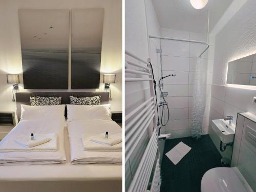 two pictures of a bedroom with a bed and a bathroom at STAYaWHILE Apartment COMFORT nähe Herzzentrum, Bali Therme, Kurpark GOP, free Parking, Netflix, Boxspringbett, neues Duschbad in Bad Oeynhausen
