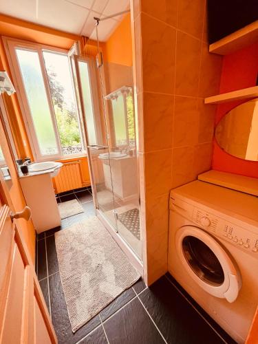 La salle de bains est pourvue d'un lave-linge et d'une douche. dans l'établissement F1 Drosera, à La Bourboule