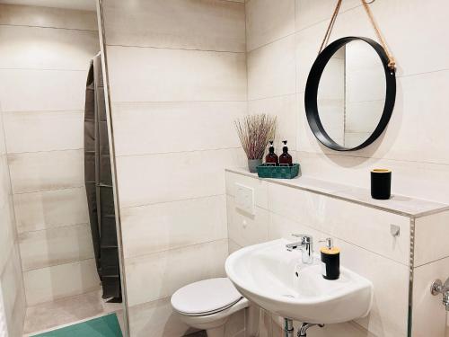 a bathroom with a toilet and a sink and a mirror at CLUBHAUS 6 - geräumige Ferienwohnung mit 4 Schlafzimmern & 2 Bädern in Worbis