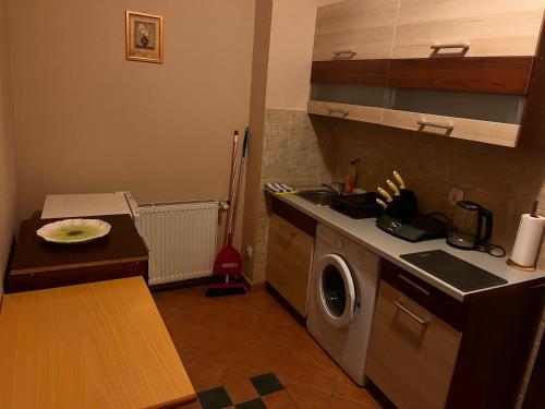 a kitchen with a sink and a washing machine at Studio w centrum miasta in Dzierżoniów