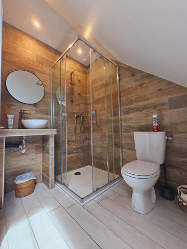 une salle de bain avec une douche, des toilettes et un lavabo dans l'établissement Appartement Vanille, à Pontivy
