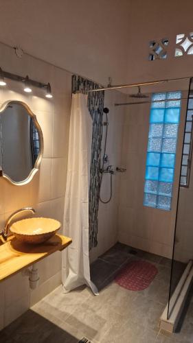 a bathroom with a shower and a sink at Boma Banda Diani - Pepu Cottage in Diani Beach