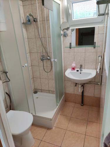 a bathroom with a shower and a sink at Avas Apartman in Balatonberény
