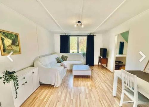 a living room with a white couch and a table at Apartament Wilk in Miedzygorze