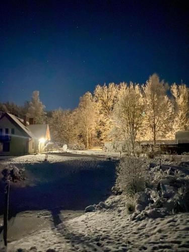 a snow covered yard with a house and trees at Anielski Zakątek in Kolonia Rybacka