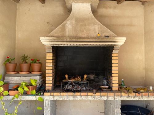 a stone fireplace with plants and plants at Découvrez le calme et la sérénité de la campagne à 45 minutes de Paris in Vert