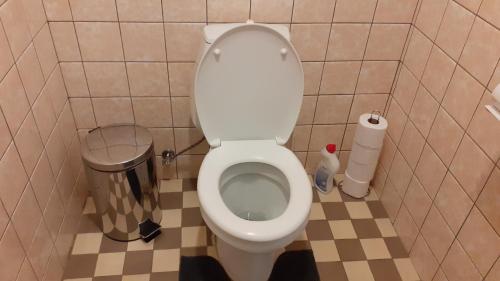a bathroom with a toilet and a trash can at Chata v Záhoří in Jablonec nad Nisou