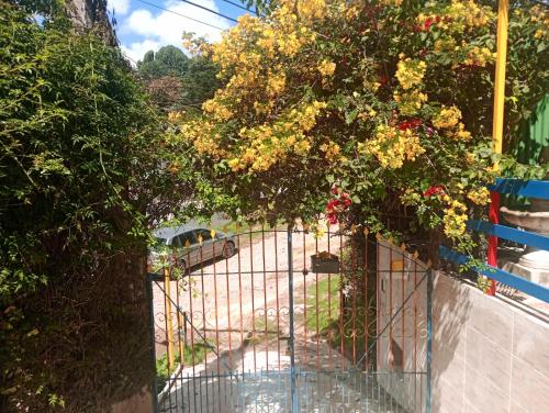 a gate with a bunch of flowers on it at Casa do Passarinho in Campos do Jordão