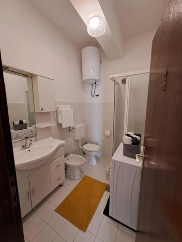 a bathroom with a sink and a toilet and a mirror at Bernarda in Sveti Vid-Miholjice