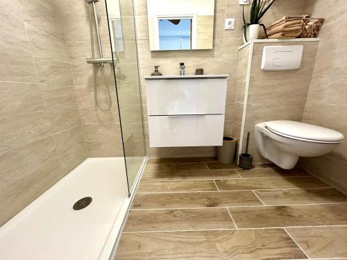 une salle de bain avec une douche, des toilettes et un lavabo dans l'établissement Mon Cocon entre Mer&Maquis, à Ajaccio