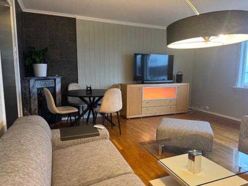 a living room with a couch and a tv at Apartment with a beautiful view in the center of Ålesund in Ålesund