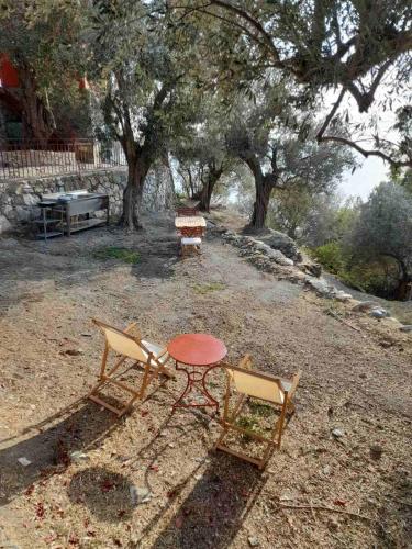 a picnic table and two chairs in a yard at Δωμάτια Κόκκινος Πύργος in Plomarion