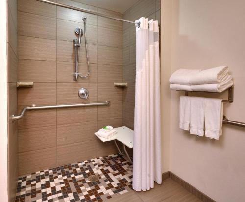 a bathroom with a shower with a shower curtain at Holiday Inn Express & Suites Overland Park by IHG in Overland Park