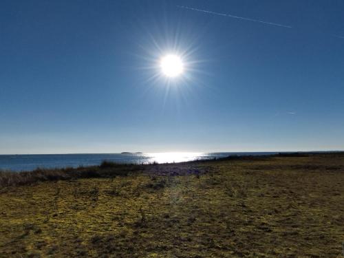 a beach with the sun in the sky at Loctycaz Appartement avec jardin in Locmariaquer